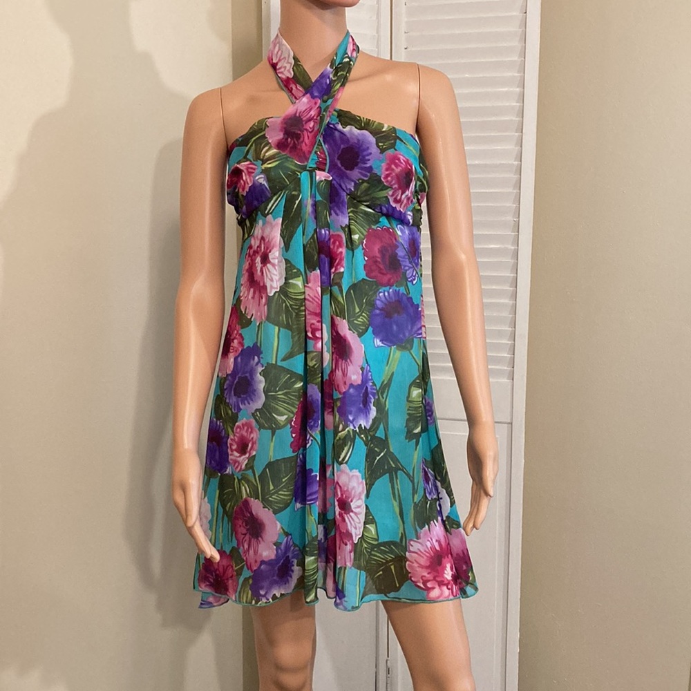 NWT Womens size small Halter tropical mini dress sundress chiffon Freshine XOXO